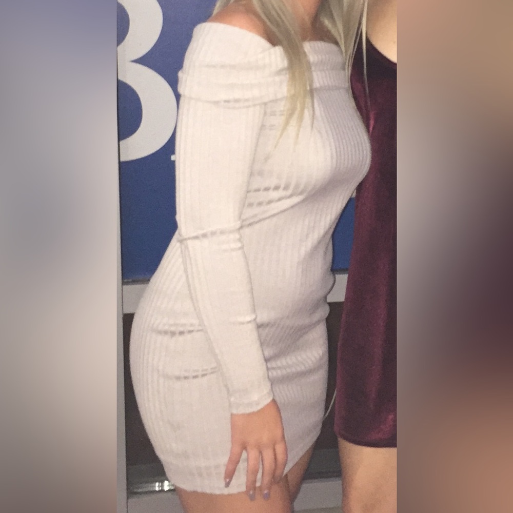Off the shoulder tan dress